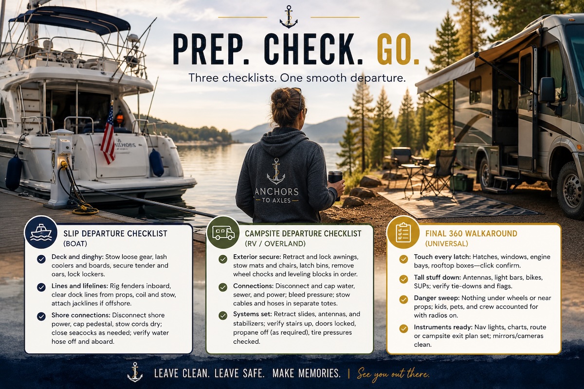 Top 3 checklists we run before leaving a slip or campsite to avoid gear overboard, ripped awnings, and forgotten shorelines